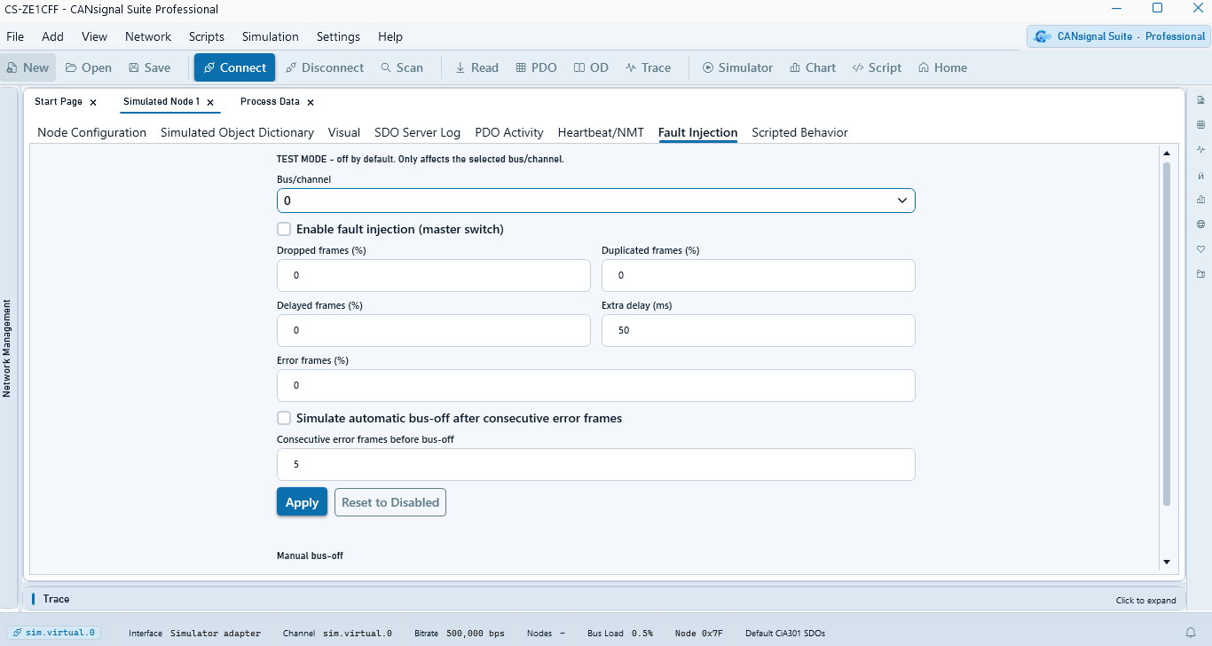 CANsignal Suite Fault Injection on Simulated Node
