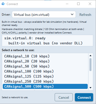 CANsignal Suite Connect dialog — Virtual bus sim.virtual.0